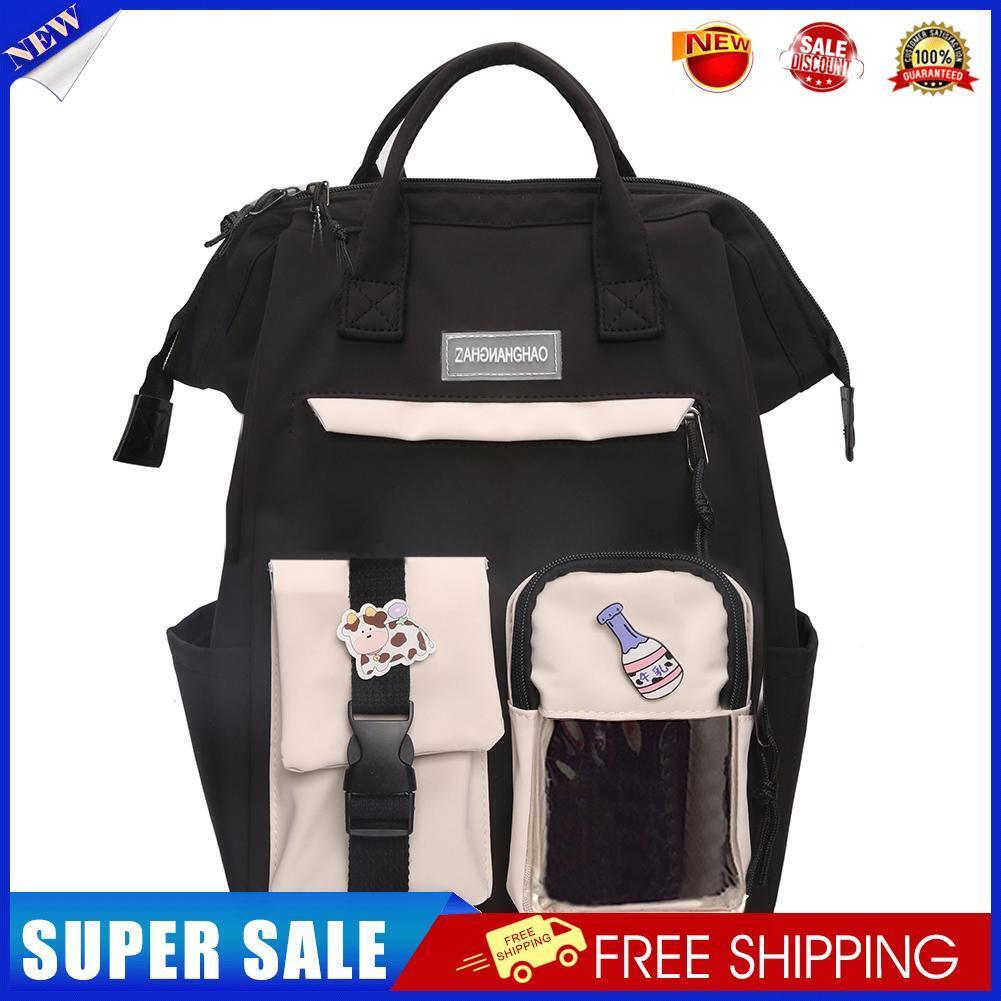 Preppy Style Women Hit Color Backpack Girls School Large Handbags (Black)