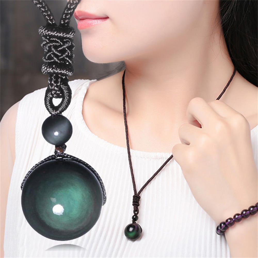 Fashion Men Black Lucky Amulet Necklace Obsidian Pendant Round Ball
