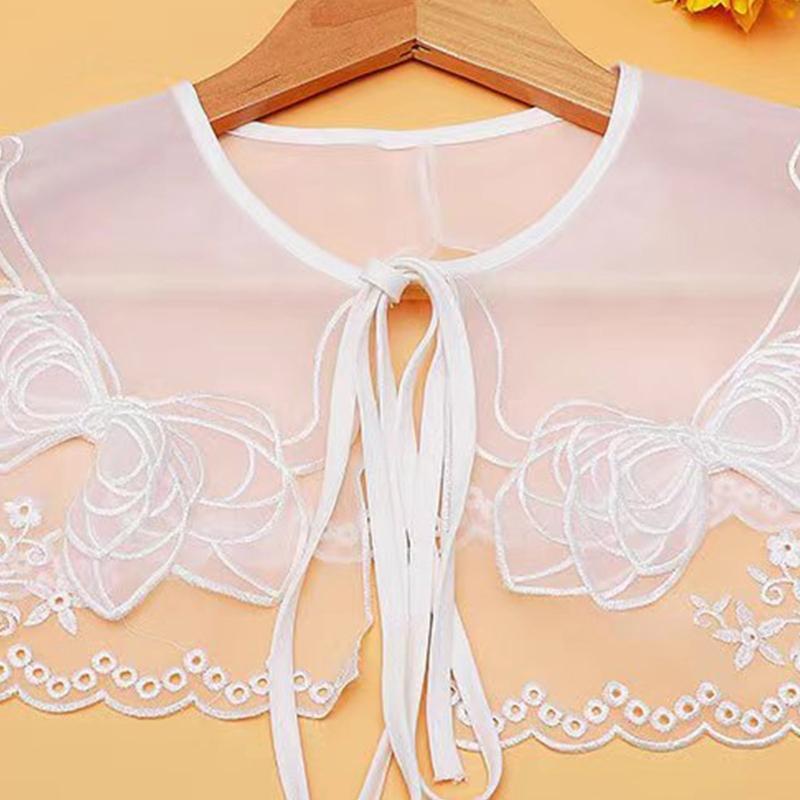 Women Double Layer Organza Collar Shawl Hollow Out Embroidery Bowknot Scarf Cape