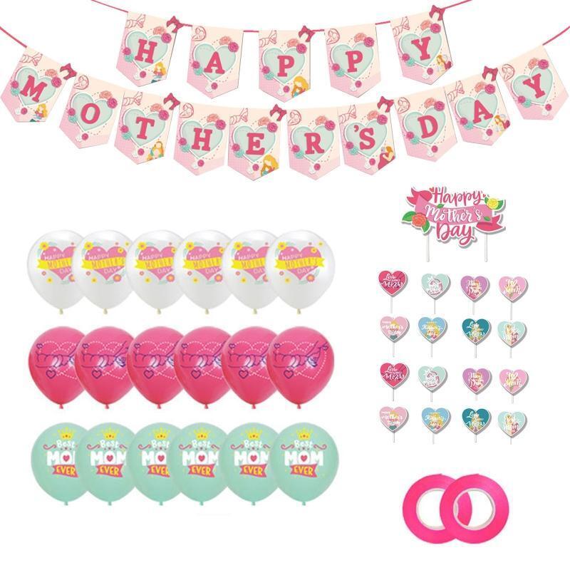 Happy Mother's Day Banner Theme Latex Balloon Heart Shape Cake Topper Kit