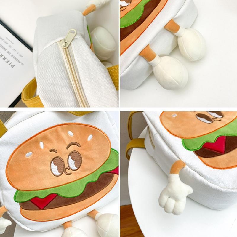 Canvas Shoulder Bag with Zipper Wear-Resistant Cute Cartoon Burger Design Bags