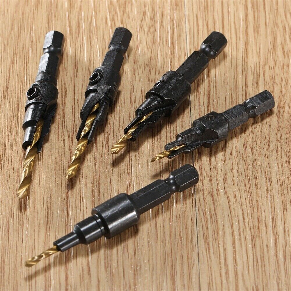 5pcs HSS Quick Change Countersink Screw Drill Bit Kit Hex Shank Wood Work Tool
