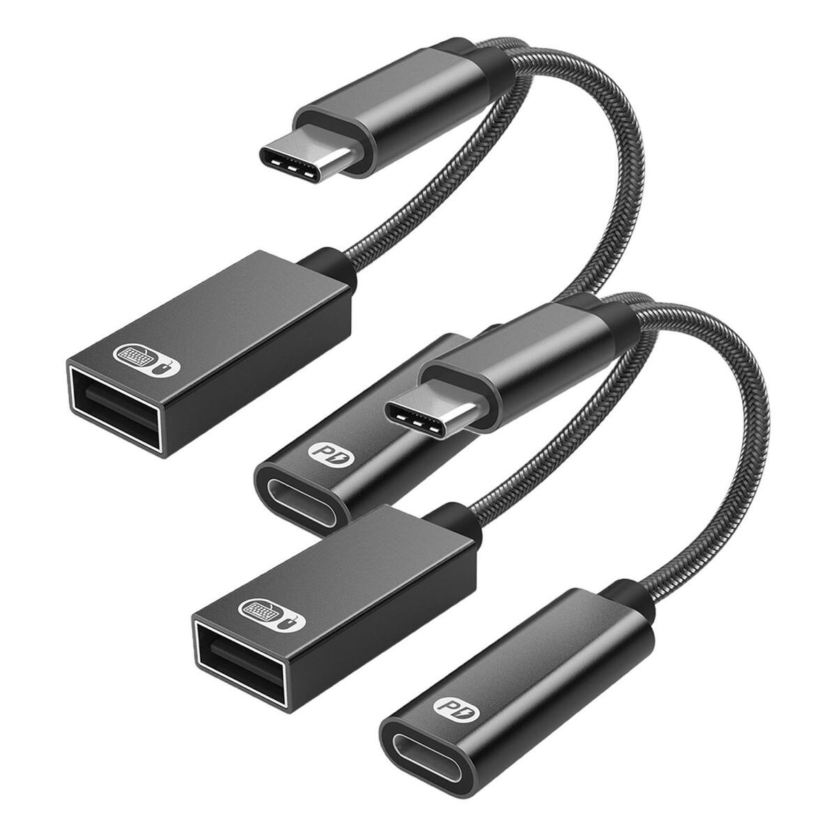2x  OTG Adapter with Fast Charging Braided Cord PD 60W for Laptop black