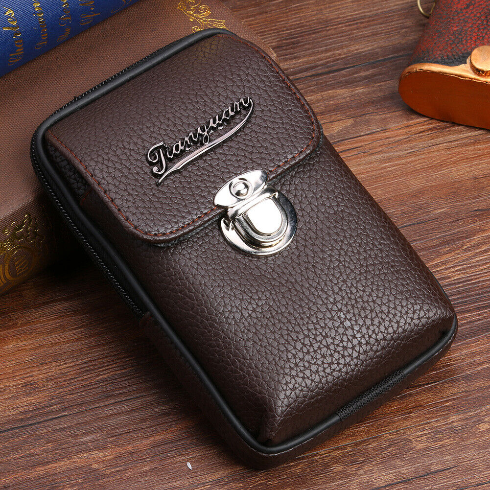 Litchi Pattern Purse Men Leather Card Wallet Belt Bags (Coffee Vertical)