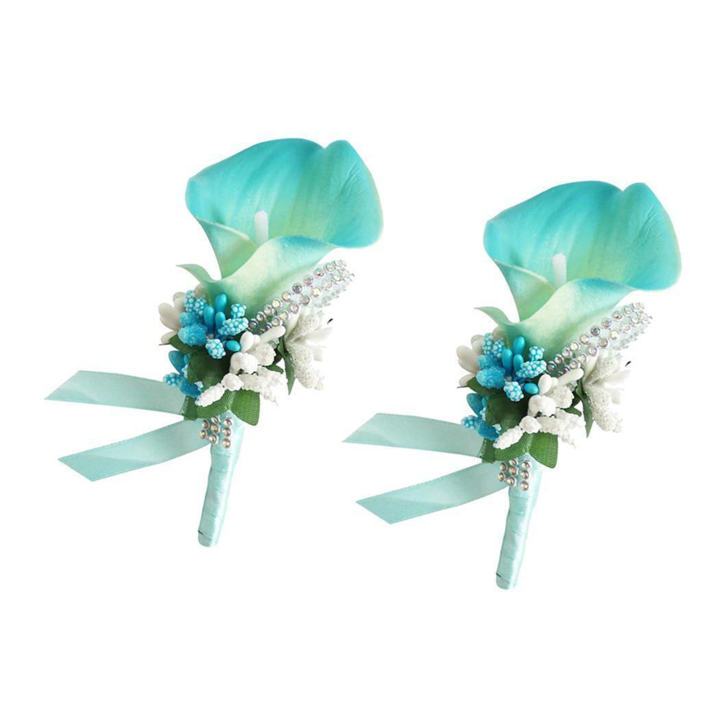 2 Pieces  Calla  Rhinestone Groom Bridal Wedding Corsage Sky