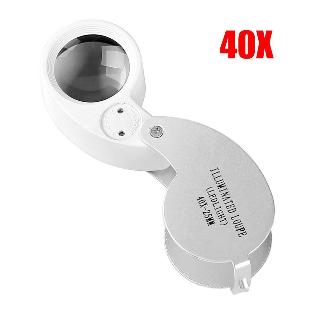 40x 25mm Handheld Folding Jewelry Optical Glass Loupe Magnifier w/LED Light