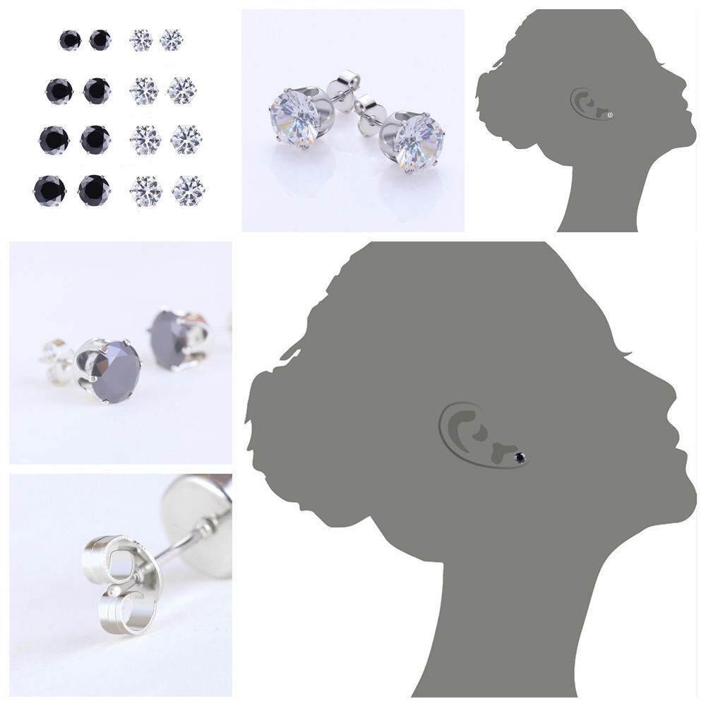 8Pairs/Set Fashion Men&Women White Black Earrings Zircon  Six Claws Ear Studs