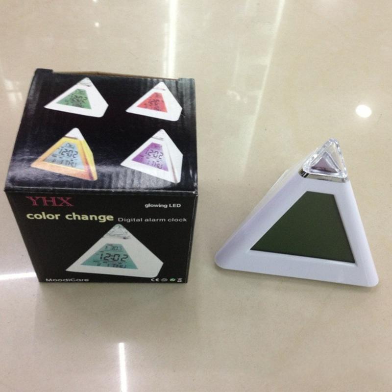 7 LED Colors Changing Pyramid Shaped Digital Alarm Clock Calendar Thermometer