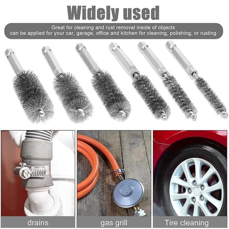 6pcs Stainless Steel Bore Brush Nylon Bristles Twisted Wire Brush with Hex Shank