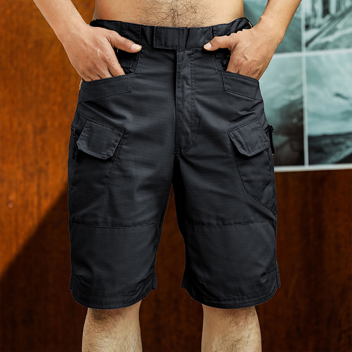 Men Cargo Shorts - Quick Dry Multi-Pocket Waterproof Fishing Shorts (L)