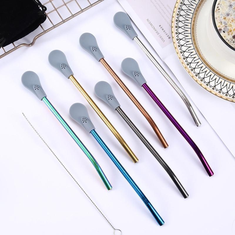 Stainless Steel Straw Spoons Set Drinking Stirring Spoon Filter Straw Detachable