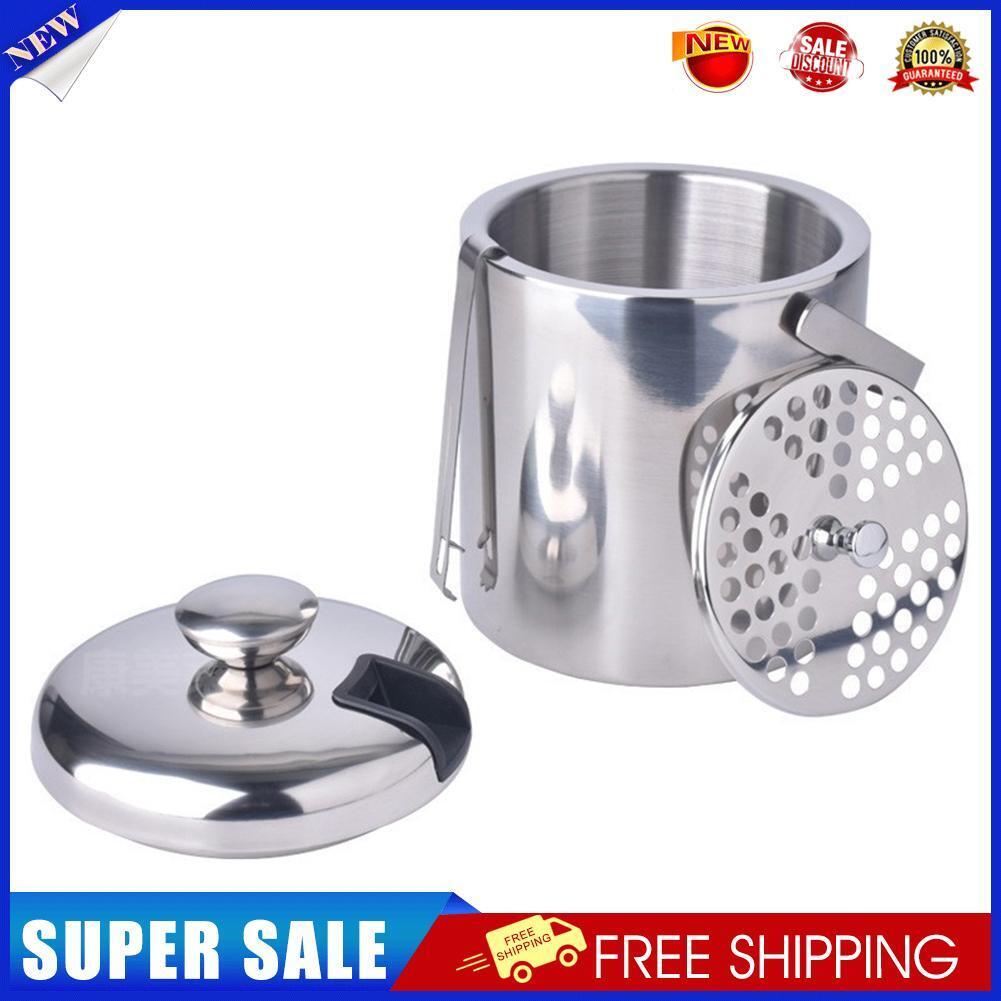 Wine Beer Ice Bucket Stainless Steel Bar Ice Cube Container with Tongs Clip