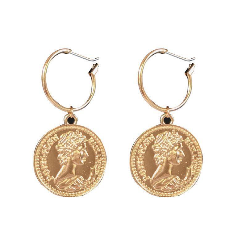1 Pair Women Chic Portrait Coins Drop Hoop Earrings Jewelry for Anniversary Day