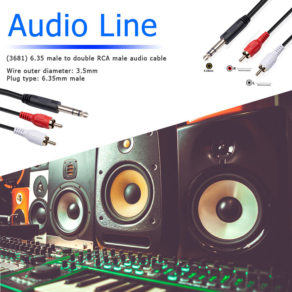 2 RCA to 1/4 inch 6.35mm TRS Stereo Audio Cable Male to Male 1.5m/4.9ft