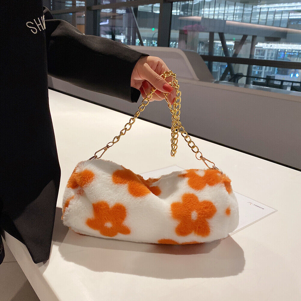 Cute Flower Cylinder Shoulder Bag Women Winter Chain Plush Purse (Orange)
