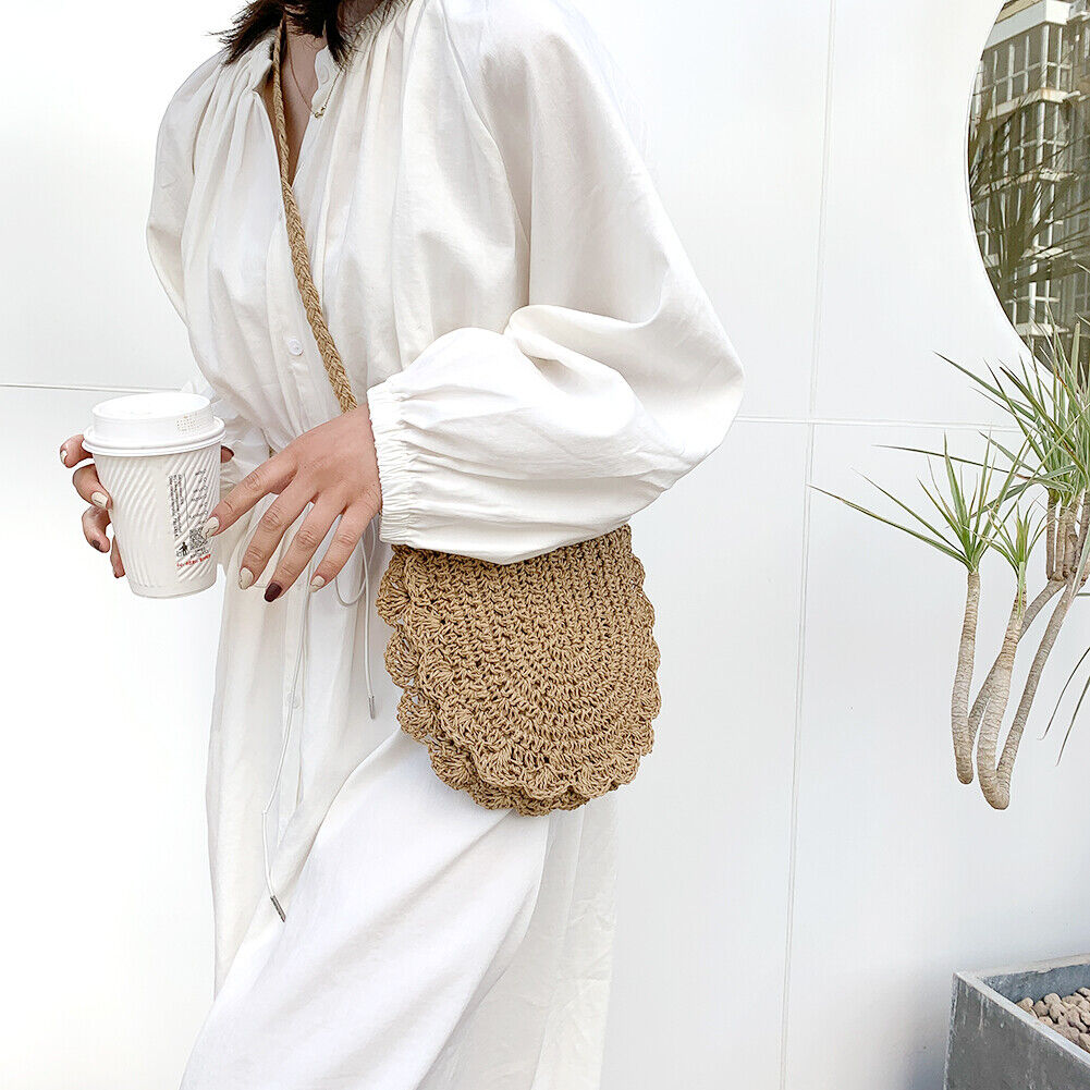 Women Vacation Straw Rope Woven Small Purse Messenger Bags (Light Brown)