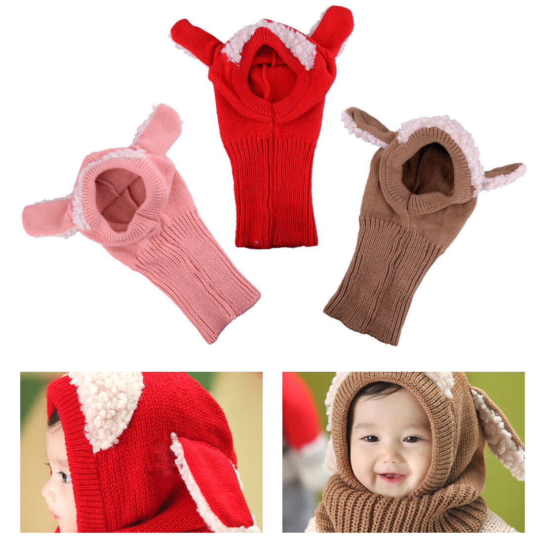 Girls Boys Toddler Winter Beanie Warm Hat Hooded Scarf Earflap Knitted Cap d