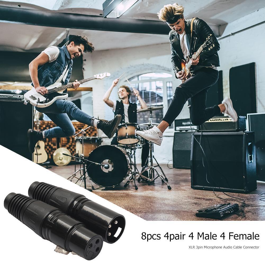 Black 8pcs 4 Male 4 Female XLR 3Pin Microphone Audio Cable Connectors Plugs