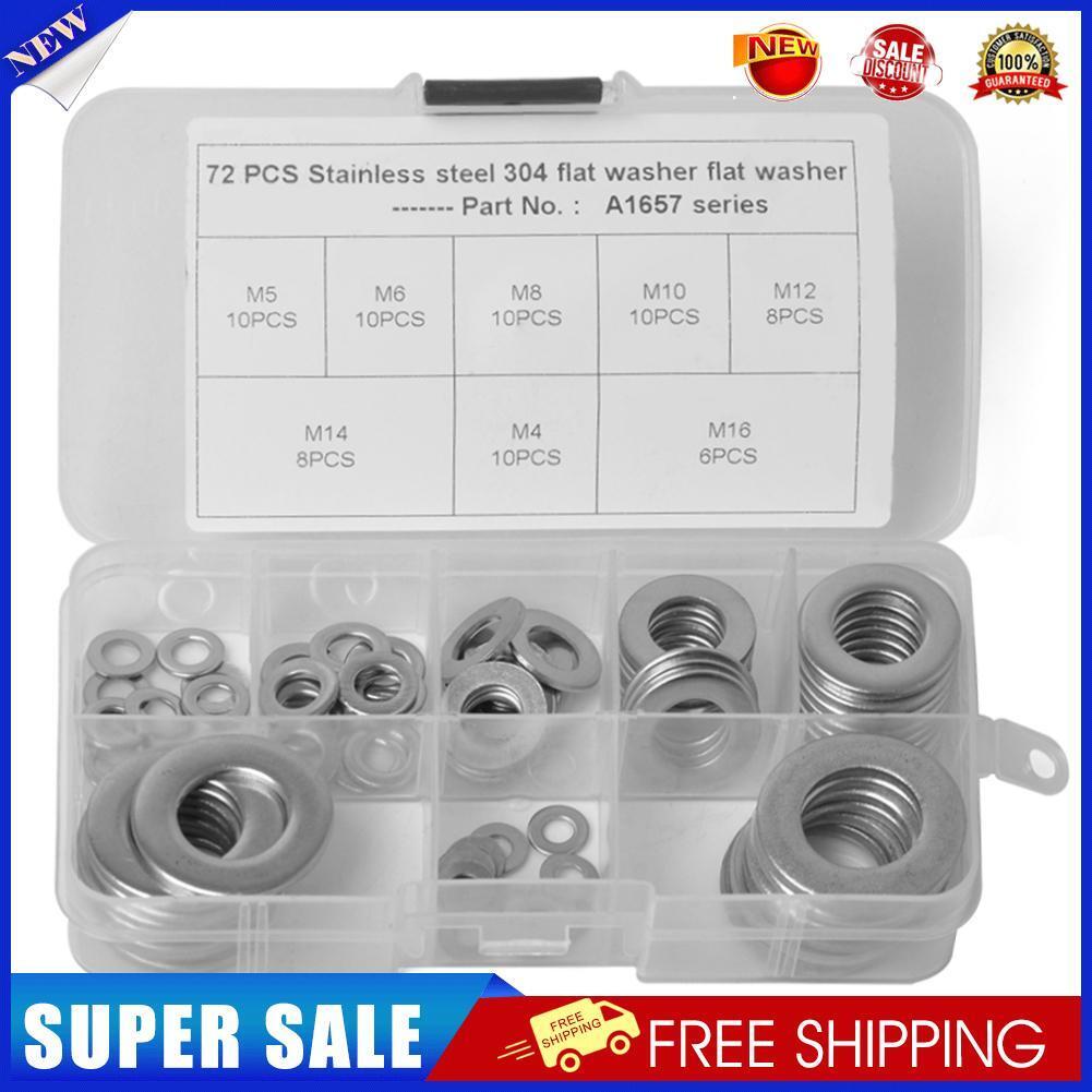 72pcs/box Stainless Steel Flat Washers 8 Sizes M4 M5 M6 M8 M10 M12 M14 M16