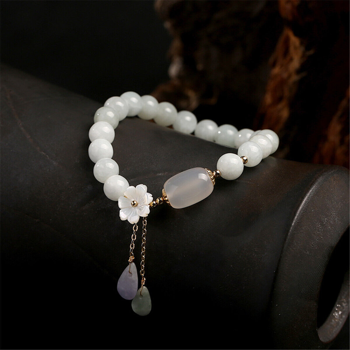 Natural Jade Agate Beads Water Drop Shell Flower Bracelet Bangle Women Jewelry