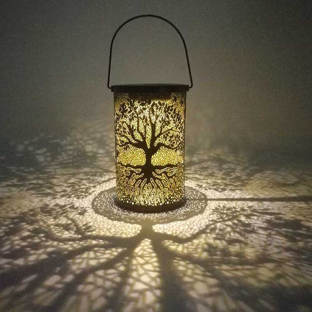 LED Solar Lantern Light Wrought Iron Hollow Tree Projection Lamp Yard Decor