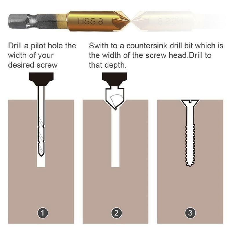 1/4'' Hex Shank HSS 5 Flute Countersink 90 Degree Center Punch Tool Set For Wood