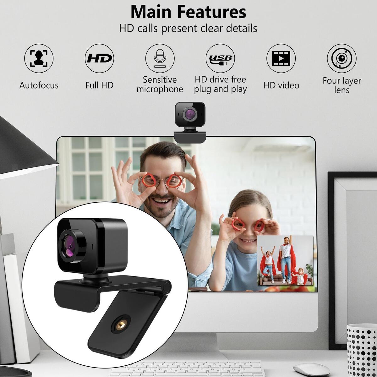 Portable 1080P Full HD USB Webcam Cameras for Conference Live Streaming Home