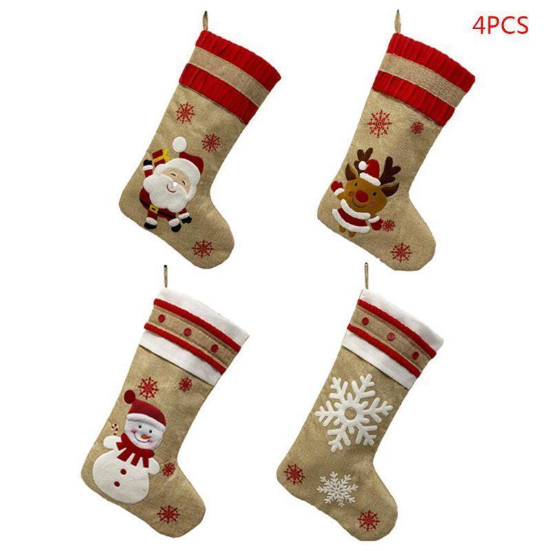 4pcs/set Christmas Stocking Snowflake Snowman Gift Candy Bag Hanging Xmas Tree