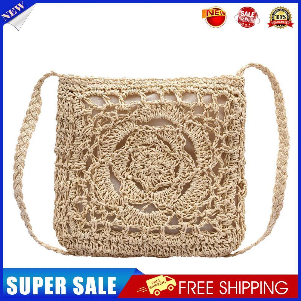 Flower Straw Shoulder Bag Women Beach Woven Crossbody Purse Handbag (Beige)