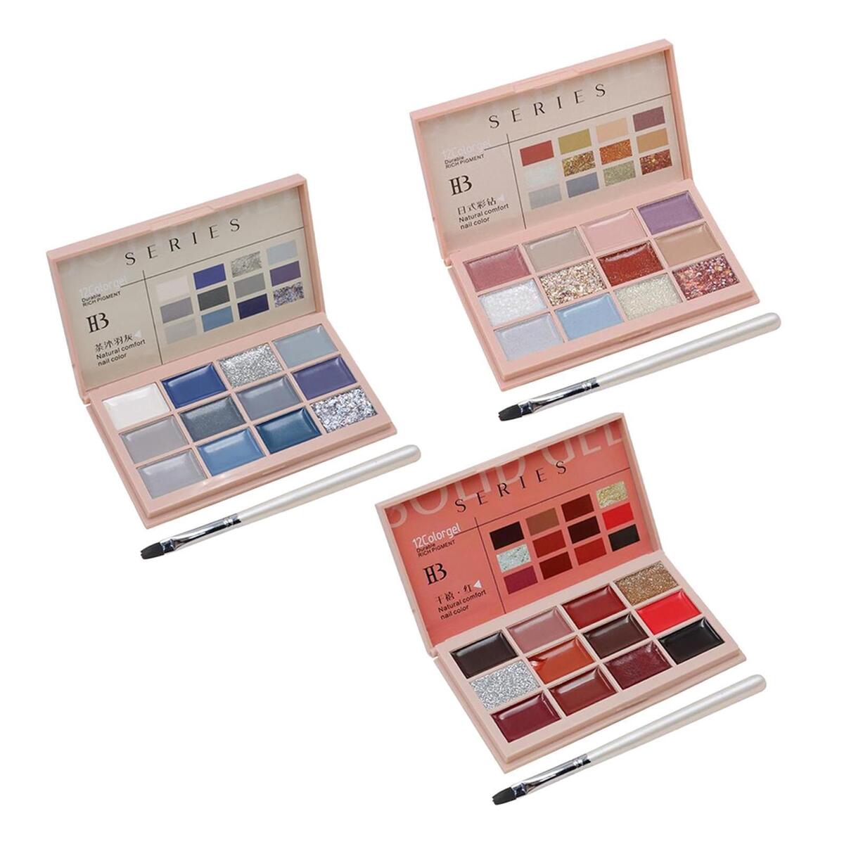 3 Pieces Solid Gel Nail Polish Palette Kit Glitters Design Salon Nail Glue