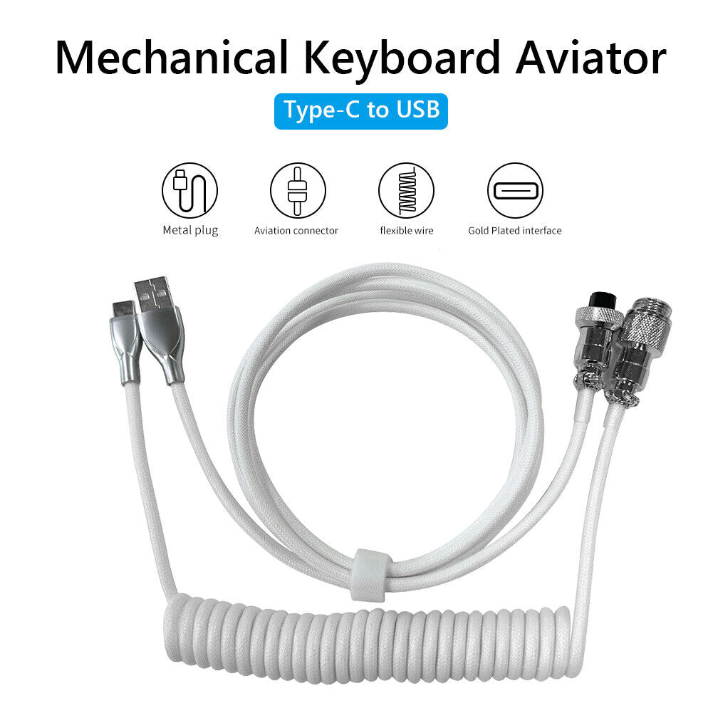 2 in 1 Coiled Mechanical Keyboard Aviator Connctor USB-C Cable (White)