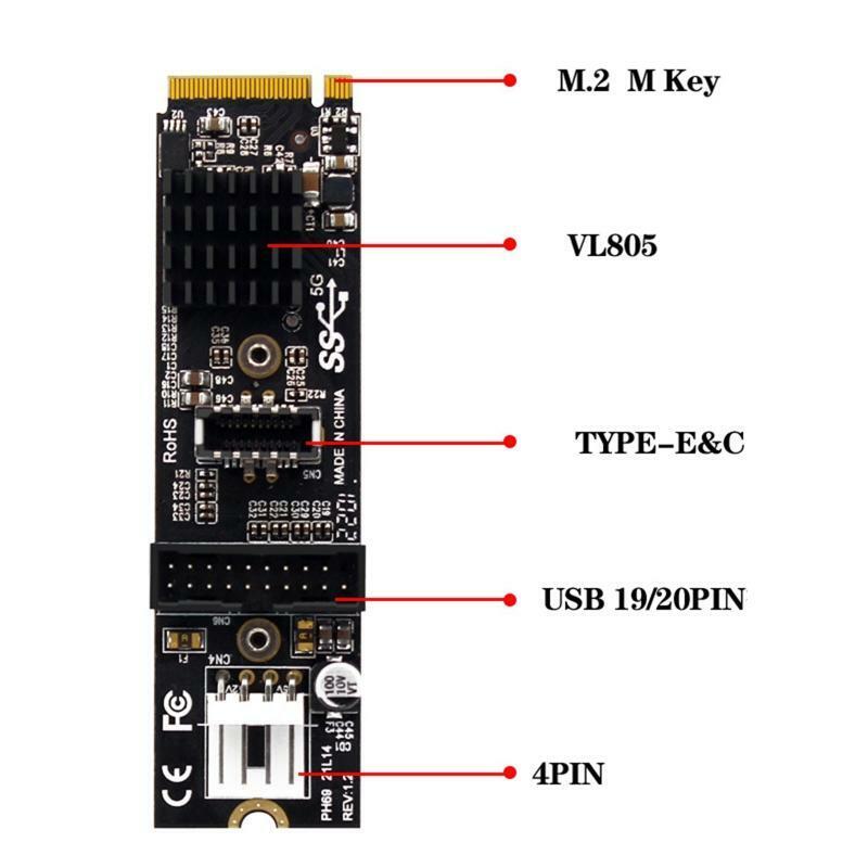 M.2 to USB Adapter, 19-Pin / 20pin USB3.1 Expansion Card with 4 Pin Power Port