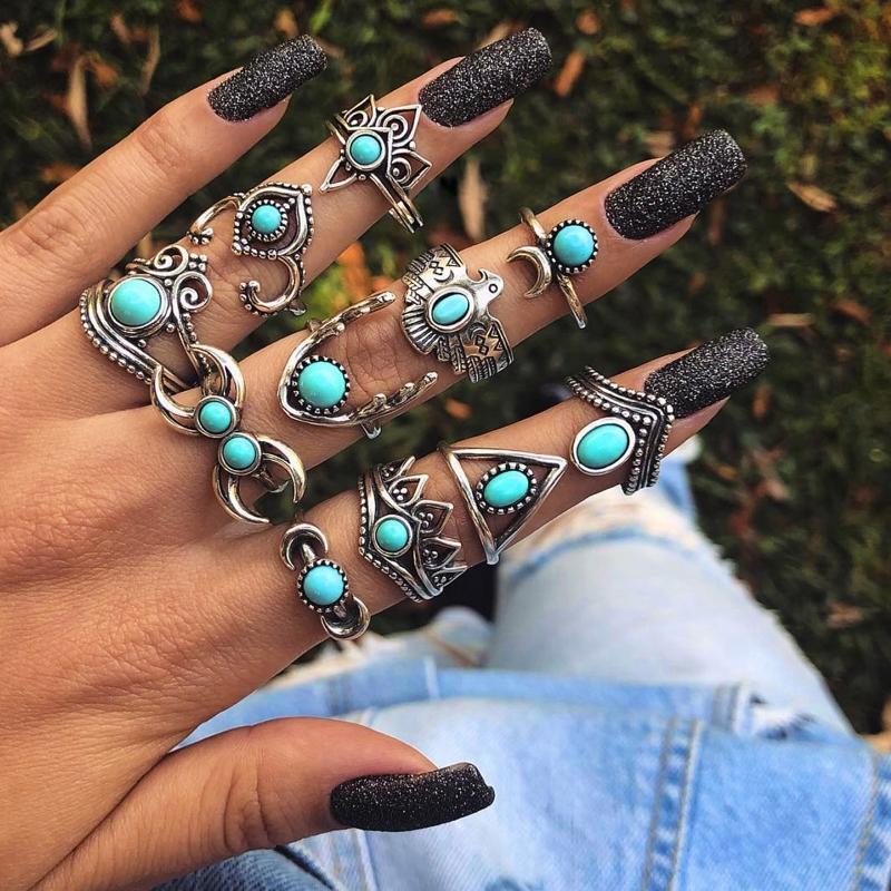 11Pieces Exquisite Women Ring Blue Oval Cut Fire Opal Diamond Band Rings Jewelry