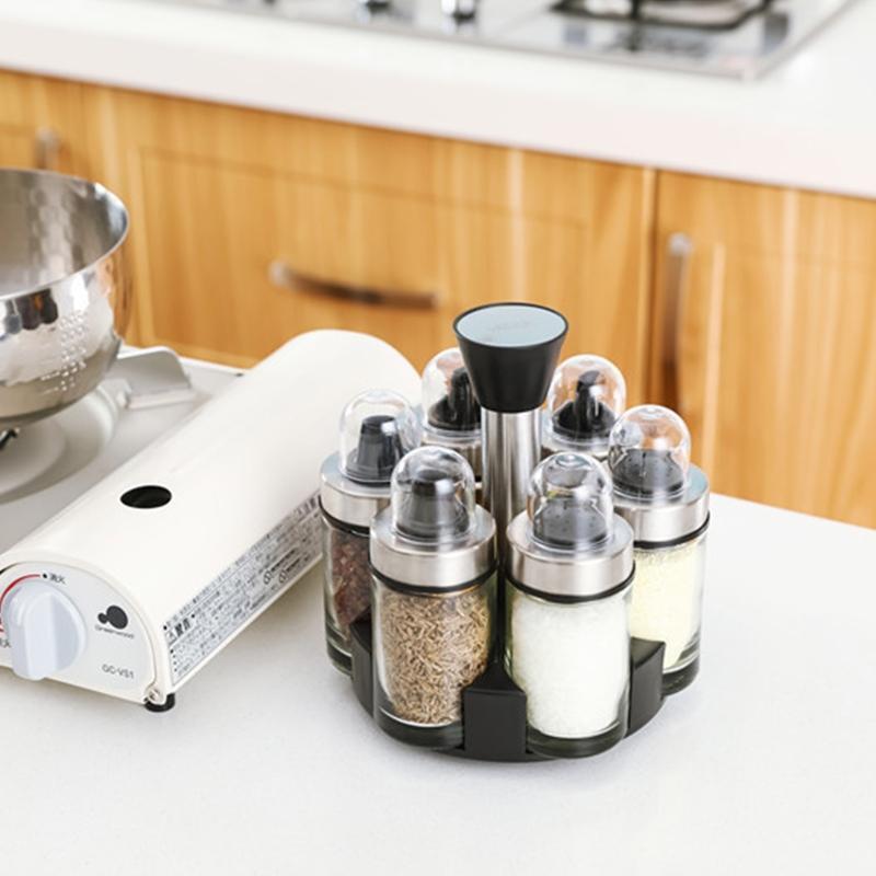 360° Rotation Spice Jar Holder with 6 Empty Bottle Salt Soy Sauce Dispenser Rack