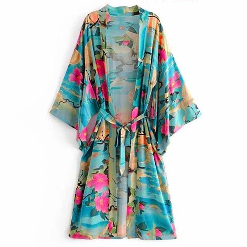 Fashion Women Long Shirt  Robe Over Sized Bikini Cover Up Blossom Print Kaftan
