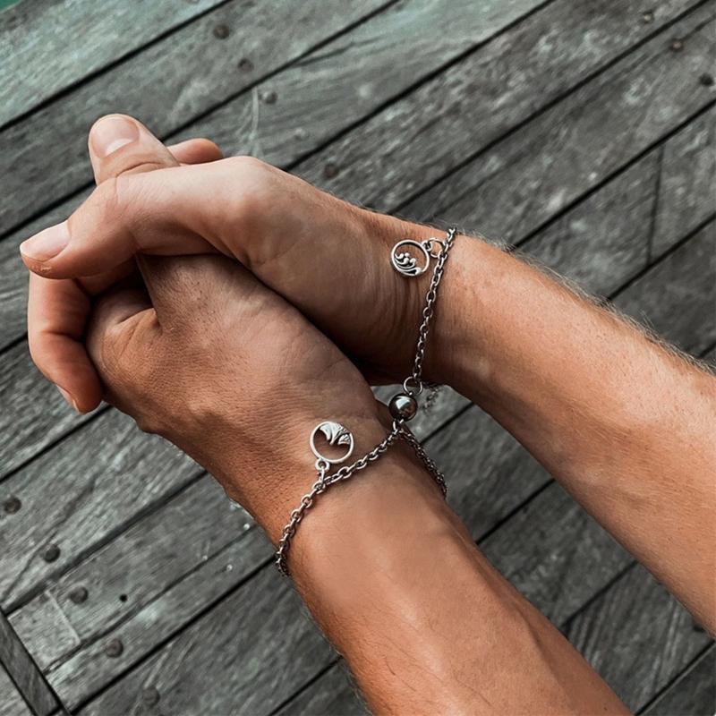 2Pieces Cuban Chain Couples Bracelets Matching Bracelets Magnet Round Bracelet