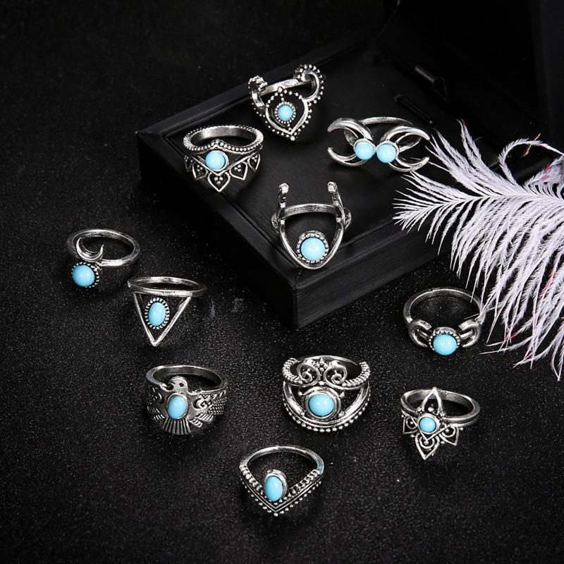11Pieces Exquisite Women Ring Blue Oval Cut Fire Opal Diamond Band Rings Jewelry
