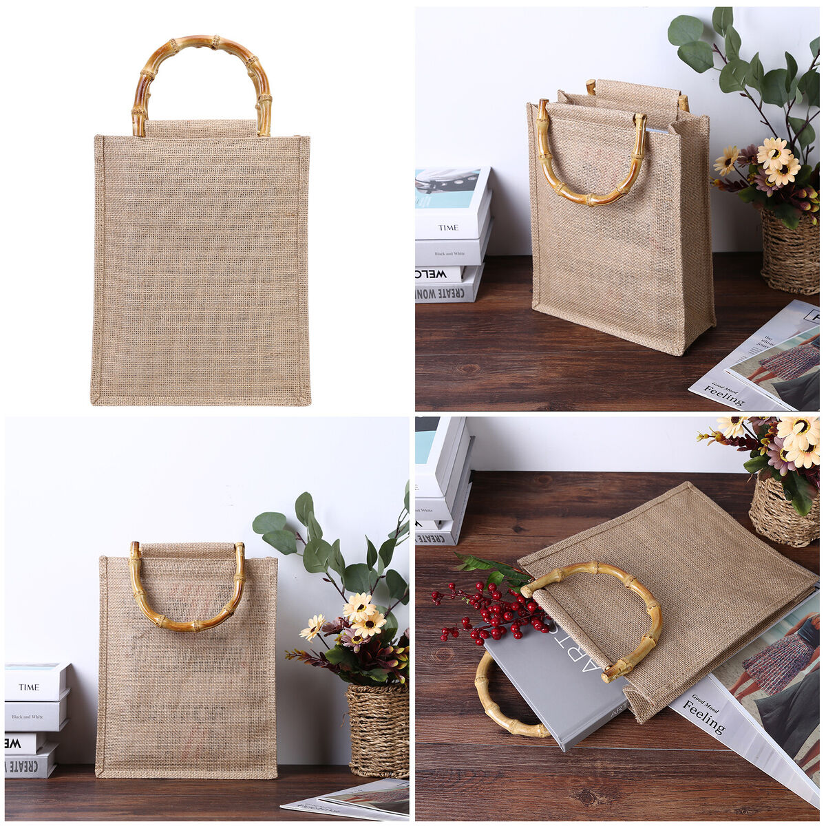 Eco Friendly Totes Linen Reusable Handbag Shopping Grocery Bag (31X25X10cm)
