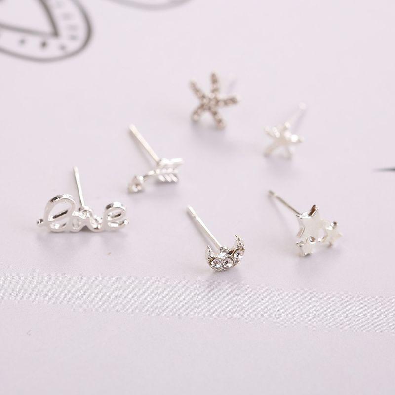 12 Pairs Mixed Women Star Heart Moon Crystal Rainbow Stud Earrings Kit Jewelry