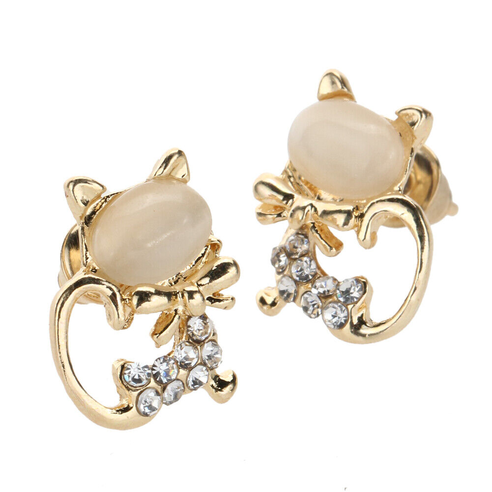 Cat Eye Stone Diamond Shiny Kitty Cute Small Animal Earrings (White)