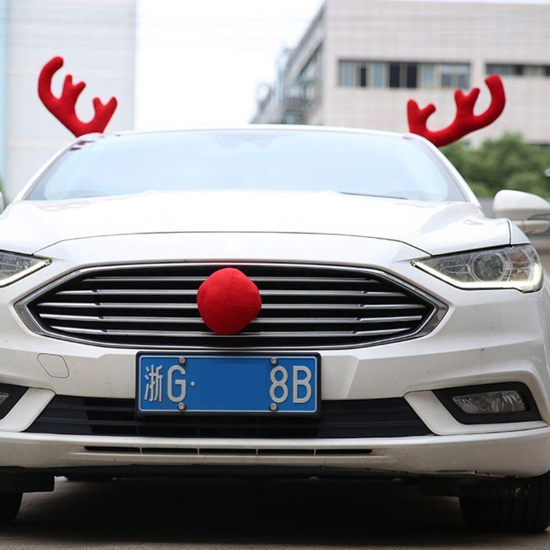 Cute Rudolph Car Costume Christmas Reindeer Antlers Red Nose for Truck SUV Decor