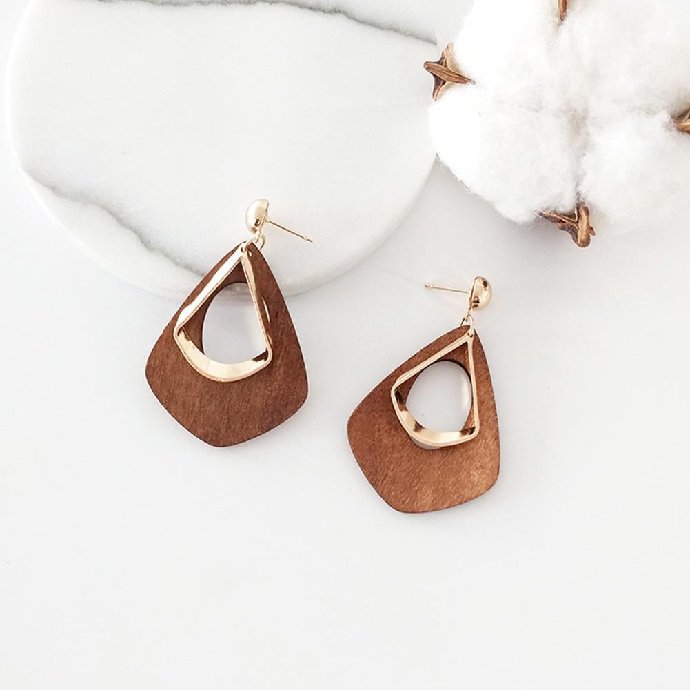 Geometric Hollow Wood Water Drop Dangle Earrings Women Jewelry (Coffee)