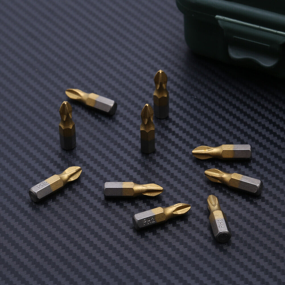 10pcs 1/4 PH2 Titanium Coated Cross Magnetic Screwdriver Bits 25mm Length