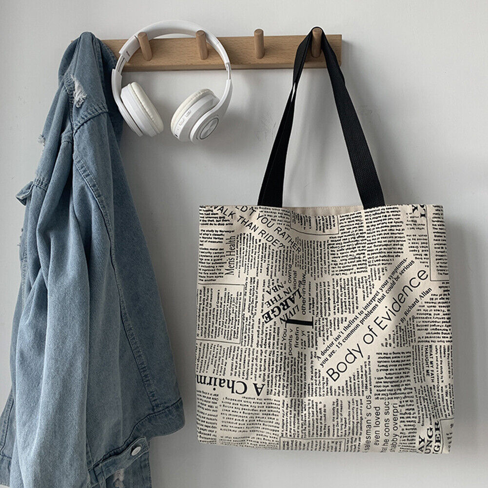 Women Canvas Newspaper Print Shoulder Shopping Bags Large Tote Handbags