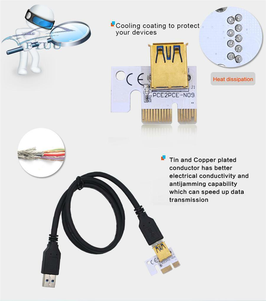 6 Pcs PCIE Riser 010X USB 3.0 Riser Cable PCI-E 1X Adapter Card SATA Power Cable