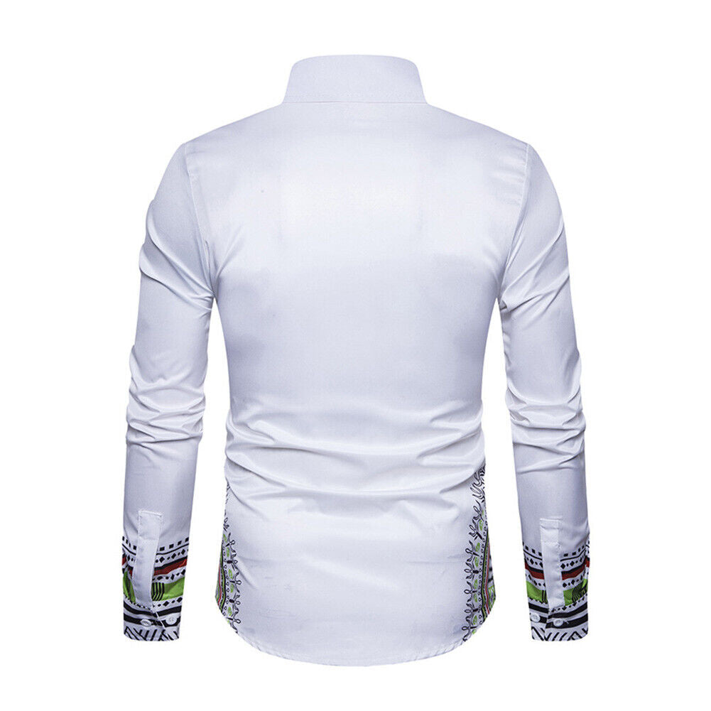 Spring Men Turn Down Collar Totem Print Long Sleeve Ethnic Shirt(White XL)-
