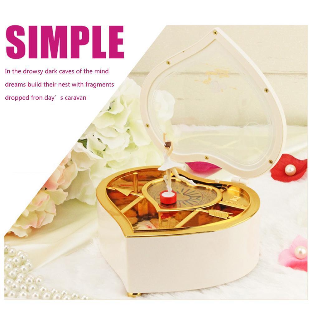 Romantic Love Heart Ballerina Music Box Jewelry Storage Case (White)