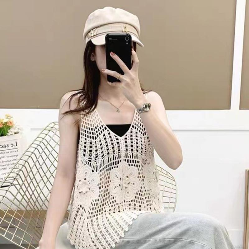 Women Crochet Sleeveless Tank Top V-Neck Hollow Knit Floral Beach Sweater Vest