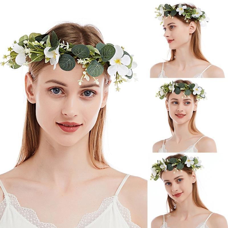 Flower Headband Women Bride Flower Green Leaf Wedding Floral Garland Headband