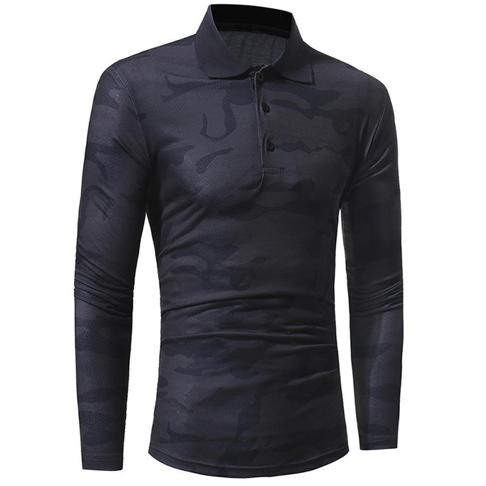 Men Long Sleeve Camouflage Lapel T-shirt Army Military Cotton Top(Grey L)